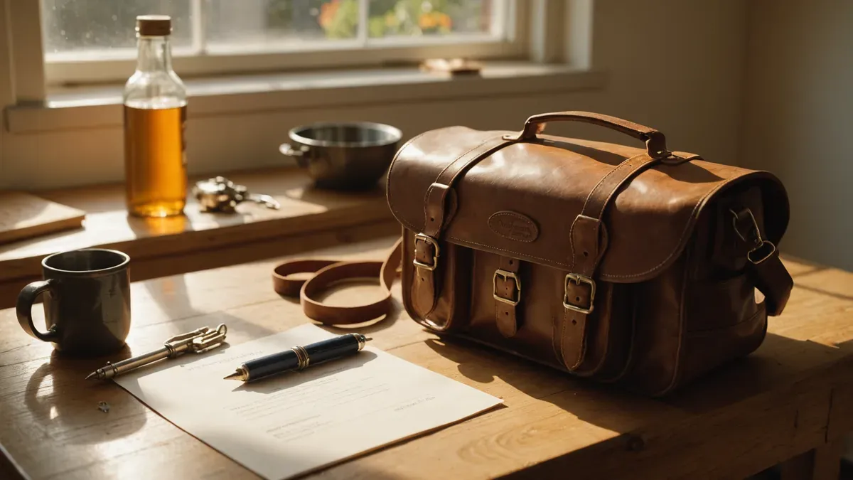 Cartable posé sur une table de cuisine à côté d'un formulaire de rentrée et d'un stylo, lumière de fin d'après-midi