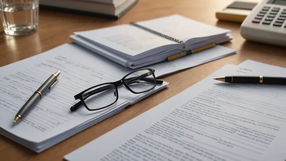 Papiers administratifs au texte illisible étalés sur une table en bois clair, avec des lunettes de lecture, deux stylos, une calculatrice et un verre d'eau