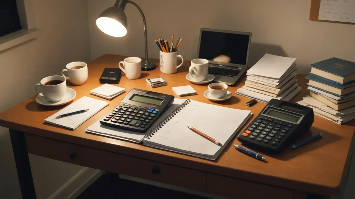 Bureau d'une chambre étudiante le soir, lampe allumée, carnet à spirale ouvert couvert de chiffres, calculatrices, tasses de café et piles de feuillets