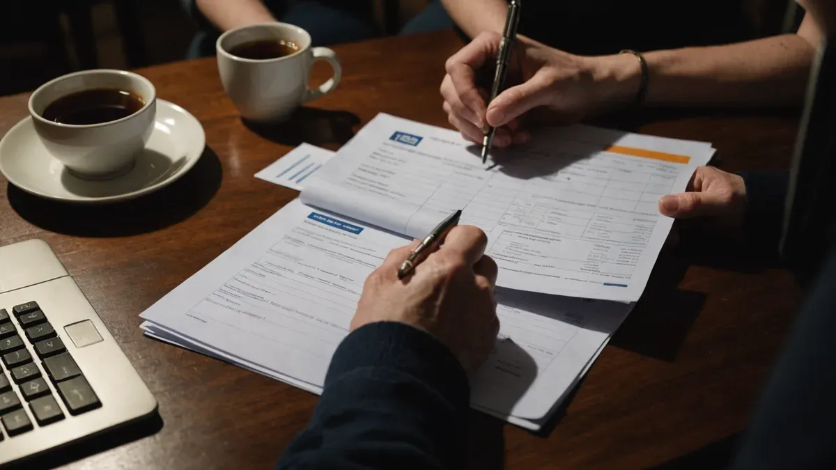 Deux paires de mains, stylo en main, penchées sur des formulaires au texte illisible posés sur une table en bois sombre, entre deux tasses et un ordinateur portable