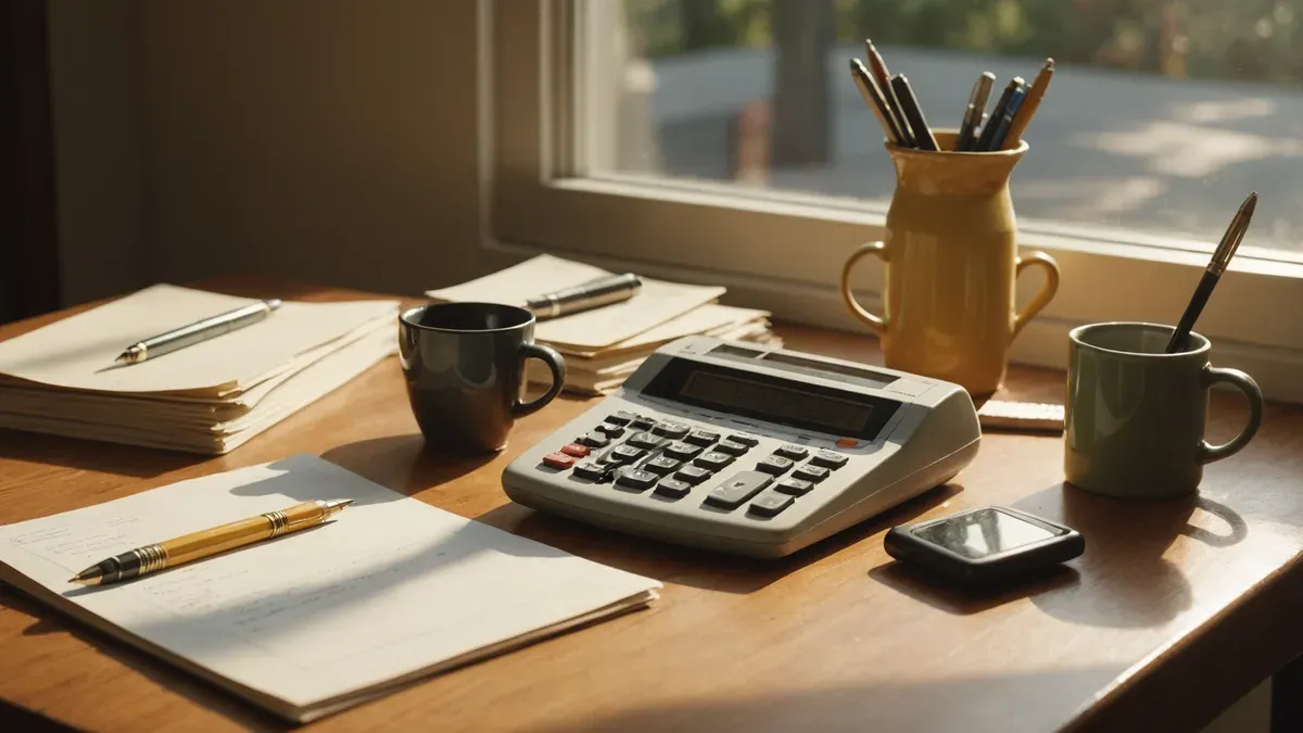 Table en bois près d'une fenêtre en fin d'après-midi, piles de courriers et de feuillets, une calculatrice de bureau, un stylo et deux tasses