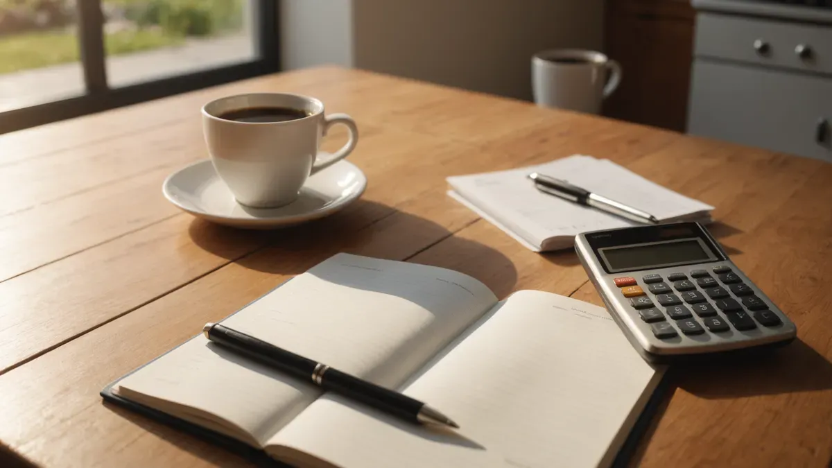 Table de cuisine le matin avec un carnet ouvert, une calculatrice, des factures papier et une tasse de café