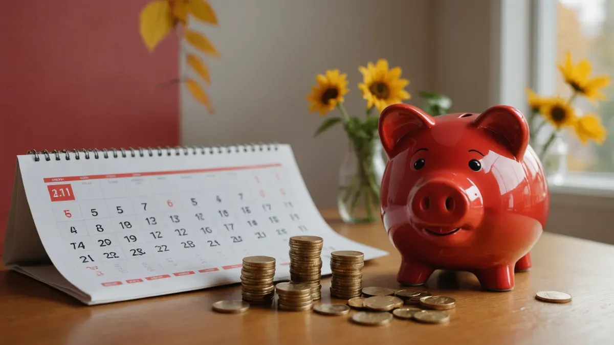 Tirelire rouge posée sur un calendrier papier près d'une fenêtre, pièces de monnaie éparpillées autour