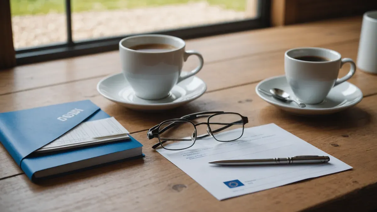 Carnet d'épargne bleu, courrier bancaire et lunettes posés sur une table en bois près d'une fenêtre, deux tasses de café