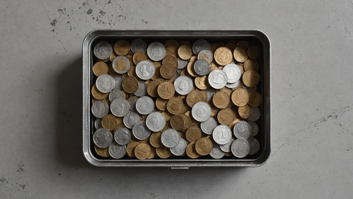 Boîte métallique rectangulaire remplie de pièces de monnaie à ras bord, vue du dessus, posée sur un plan de travail gris clair