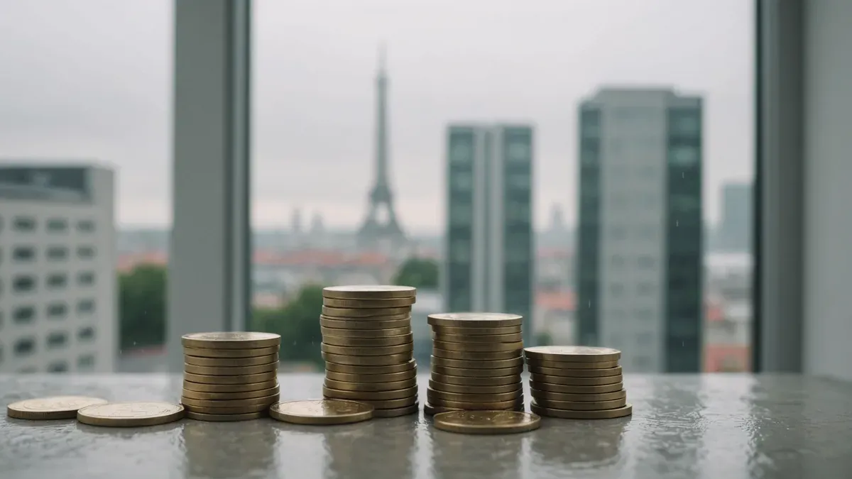 Piles de pièces de monnaie alignées sur un rebord de fenêtre en béton, immeubles et ciel gris de pluie flous à l'arrière-plan
