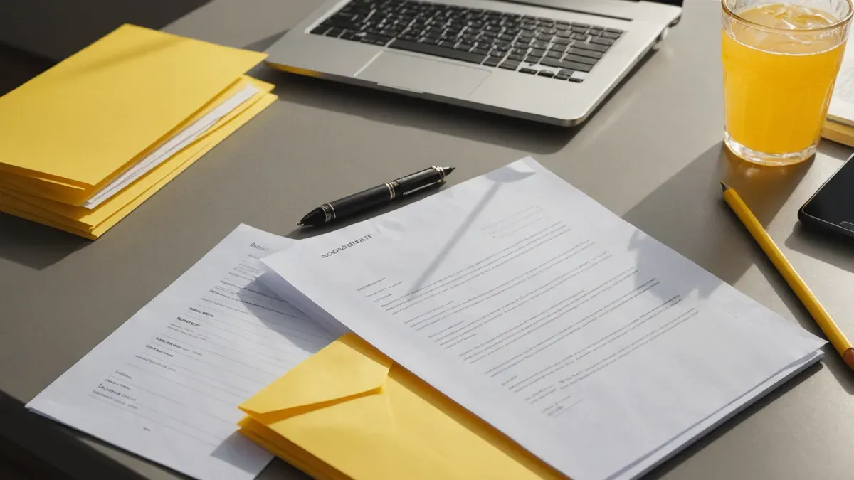 Bureau gris clair en lumière rasante : deux courriers imprimés au texte illisible posés sur des enveloppes jaunes, un stylo, un ordinateur portable et un verre de jus d'orange