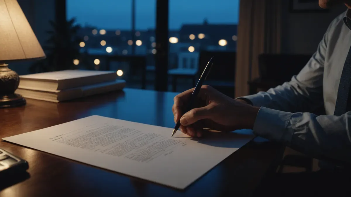 Contrat de prêt posé sur un bureau en soirée, lampe allumée, main tenant un stylo au-dessus de la page de signature